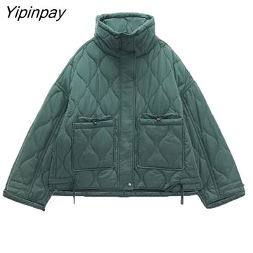 Yipinpay Warm Ladies Winter Solid Parkas Jackets 2023 Pockets Female Thicken Causal Coat Cotton Padded Parka Coats Zipper Outwear